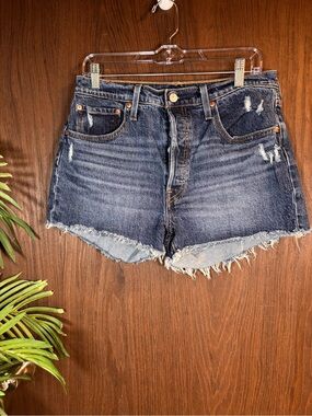 Levi's 501 Distressed Denim Shorts Dark Wash Raw Hem High Rise Size W31